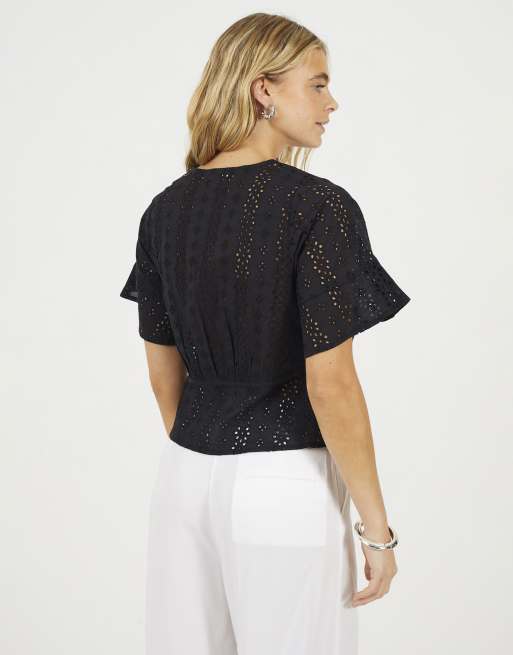 Brave Soul Cotton broidery v-neck short sleeve top in black, 2 of 4