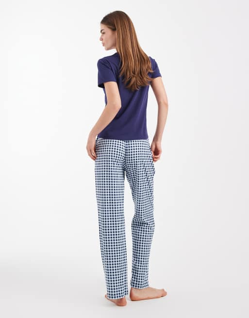 Brave Soul cotton cacio e pepe graphic print t-shirt and check trouser pyjama set in navy, 4 of 4