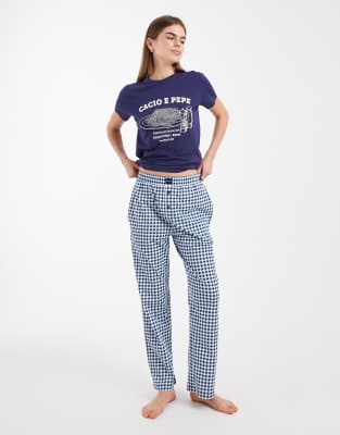 Brave Soul Cotton Cacio E Pepe Graphic Print T-shirt And Gingham Pants Pajama Set In Blue