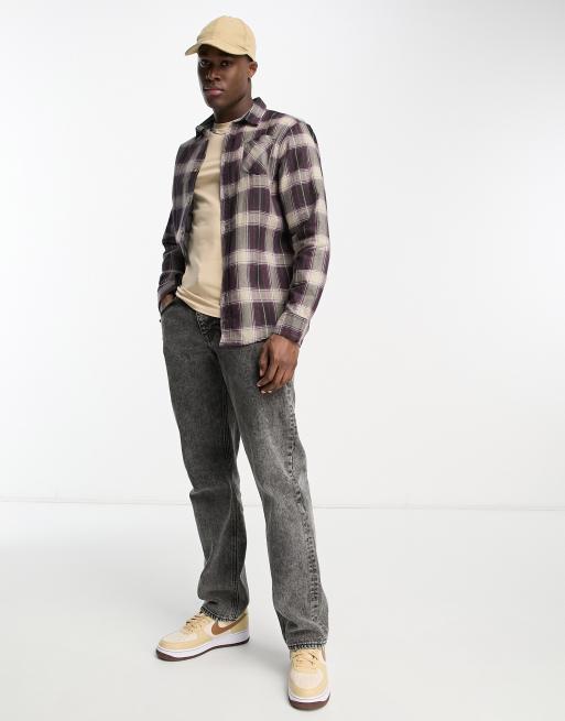 Brave Soul cotton check shirt in ecru & burgundy