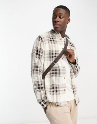Brave Soul cotton check shirt in off white & brown