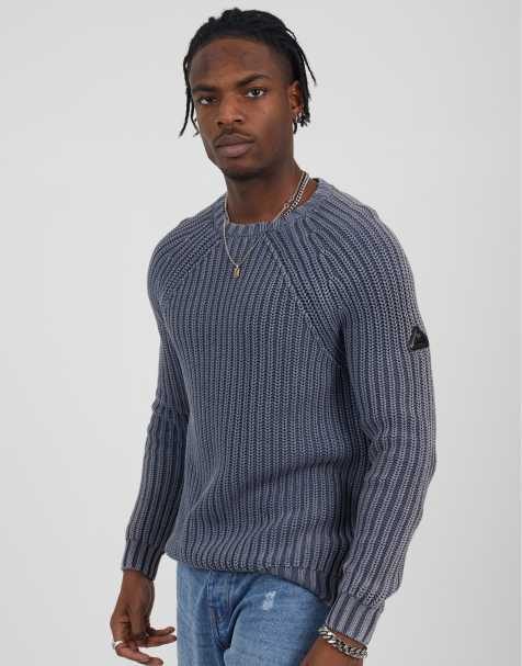Brave Soul Cotton crew neck acid wash rib knit jumper in mid blue - view 1