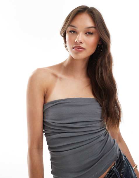 Brave Soul cotton jersey bandeau top in gray - view 1