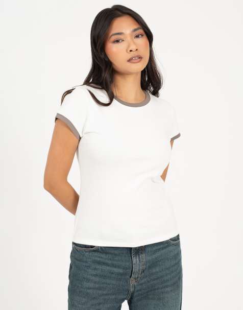 Brave Soul Cotton jersey contrast edge short sleeve t-shirt in cream - view 1