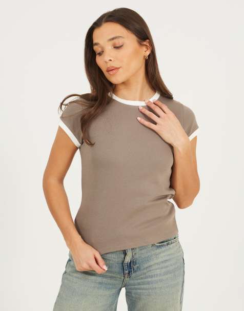 Brave Soul Cotton jersey contrast edge short sleeve t-shirt in taupe - view 1