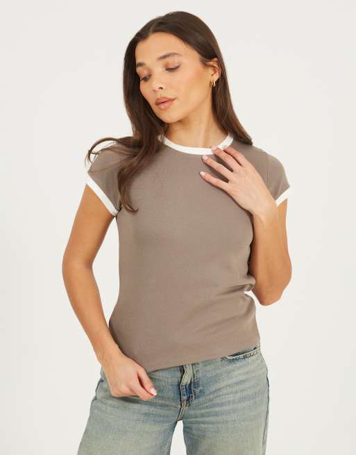 Brave Soul Cotton jersey contrast edge short sleeve t-shirt in taupe | ASOS