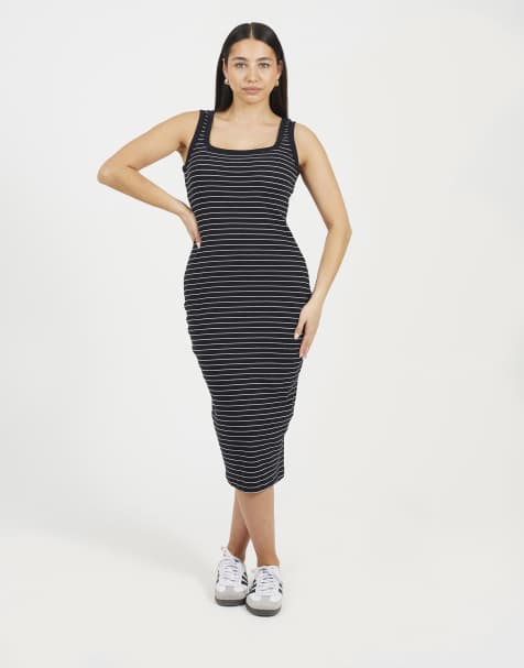 Brave Soul Cotton jersey scoop neck stripe bodycon midi dress in black - view 1