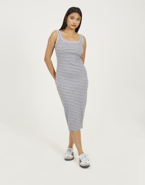 Brave Soul Cotton jersey scoop neck stripe bodycon midi dress in grey - view 1