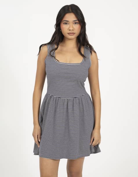 Brave Soul Cotton jersey scoop neck stripe skater mini dress in navy - view 1