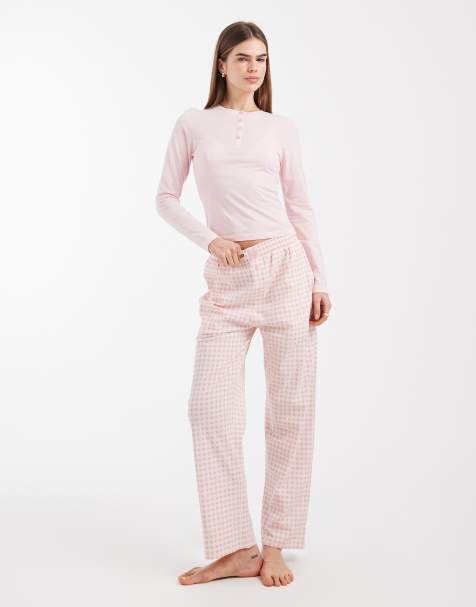 Brave Soul cotton long sleeve henley t-shirt and gingham pants pajama set in pink - view 1