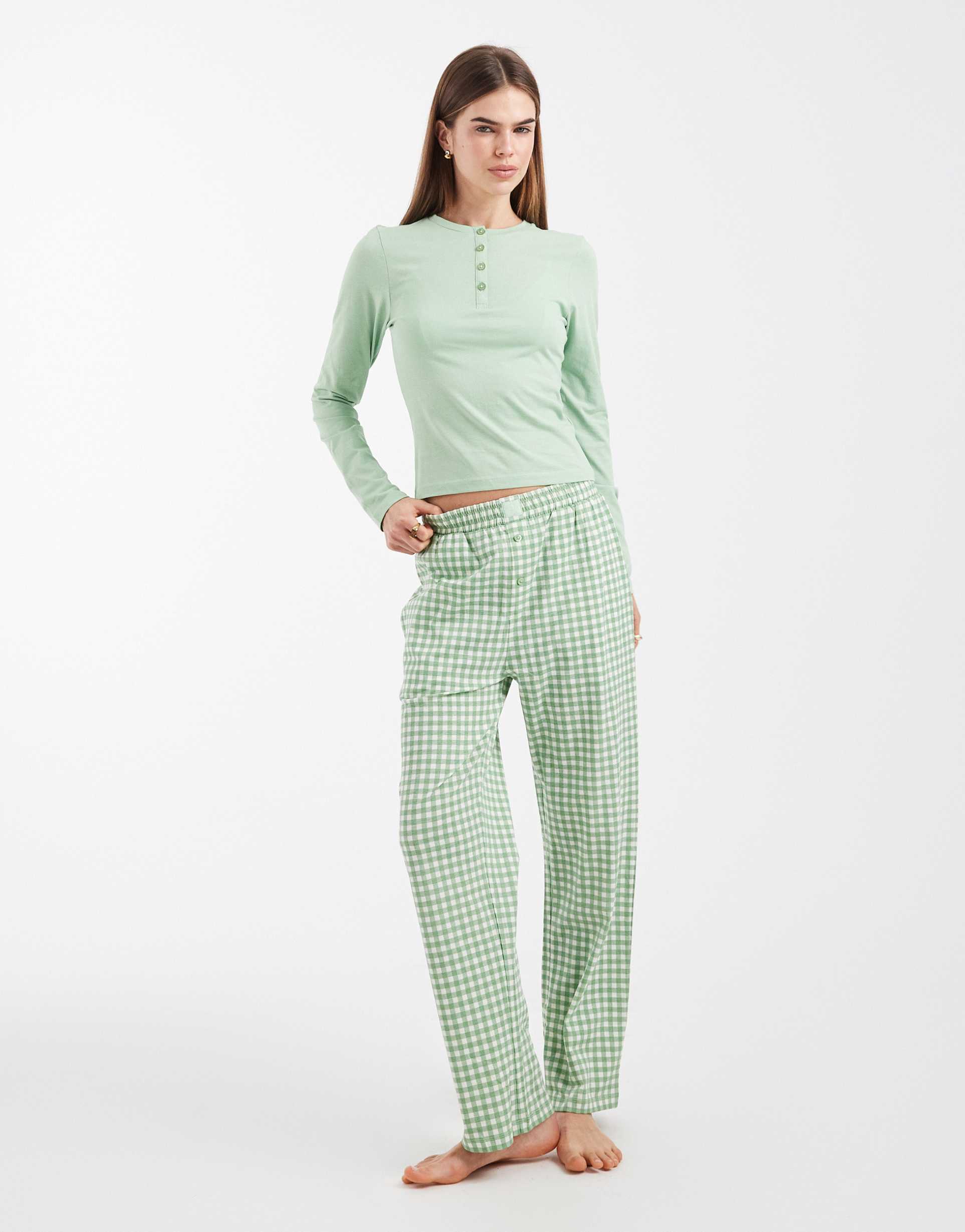 brave soul cotton long sleeve henley t-shirt and gingham pants pajama set in sage green
