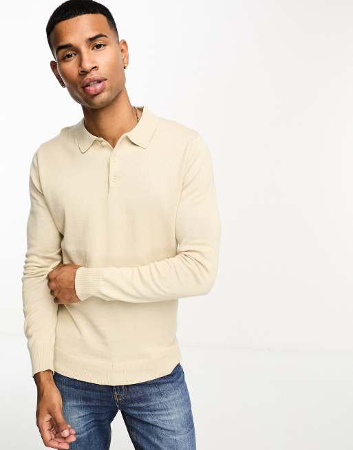 Brave Soul cotton long sleeve knit polo in beige