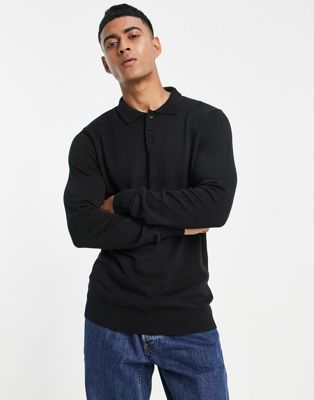 Brave Soul cotton long sleeve knitted polo in black
