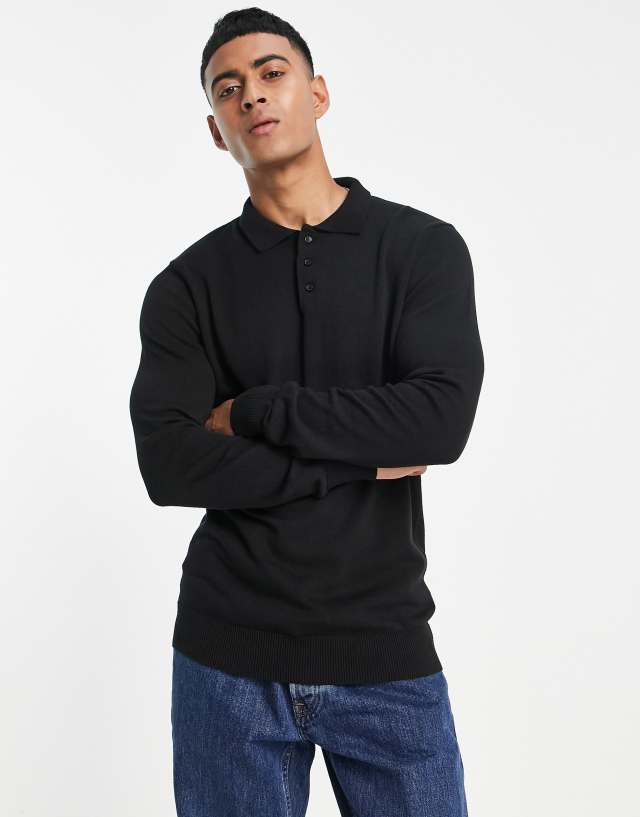 Brave Soul cotton long sleeve knitted polo in black