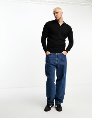 Brave Soul Cotton Long Sleeve Knitted Polo In Black