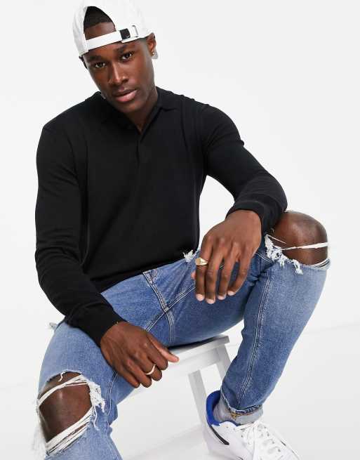 Brave Soul cotton long sleeve knitted polo in black