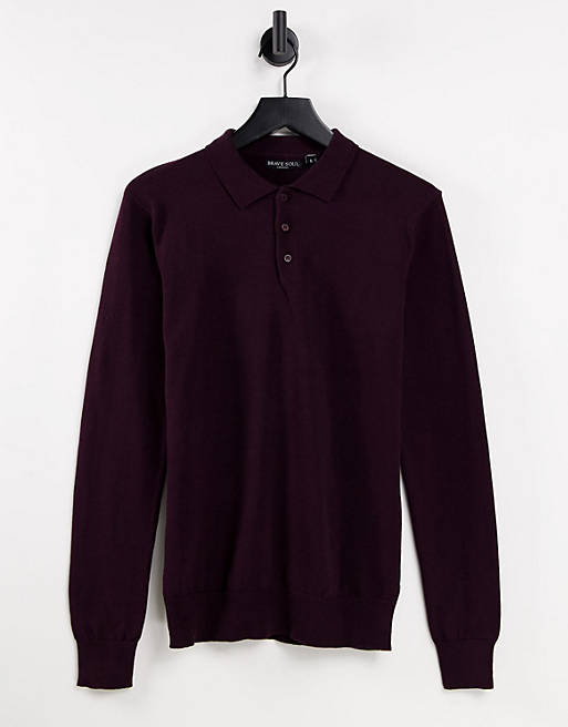 Brave Soul cotton long sleeve knitted polo in dark burgundy