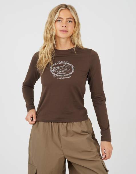 Brave Soul Cotton long sleeve slogan print t-shirt in chocolate - view 1