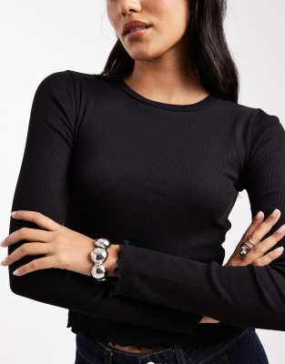 Brave Soul Cotton Long Sleeve T-shirt With Lettuce Hem In Black