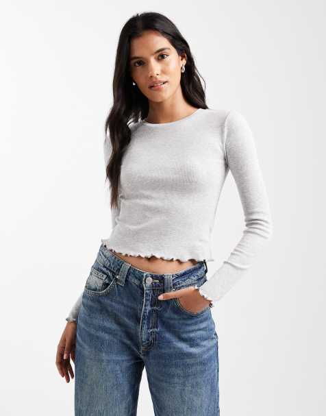 Brave Soul cotton long sleeve T-shirt with lettuce hem in gray - view 1