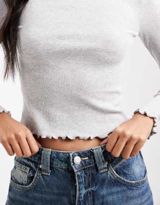 Brave Soul Cotton Long Sleeve T-shirt With Lettuce Hem In Gray