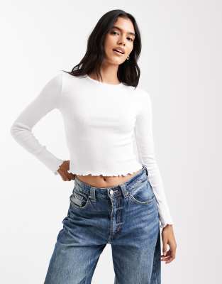 Brave Soul Cotton Long Sleeve T-shirt With Lettuce Hem In White