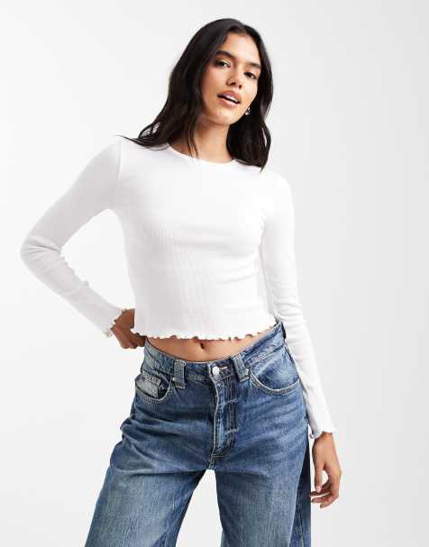 Brave Soul cotton long sleeve t-shirt with lettuce hem in white - view 1
