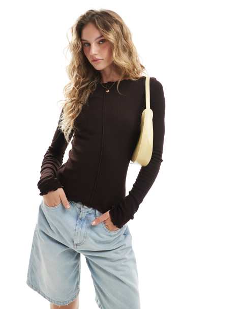 Brave Soul cotton long sleeve top with lettuce hem in chocolate brown - view 1