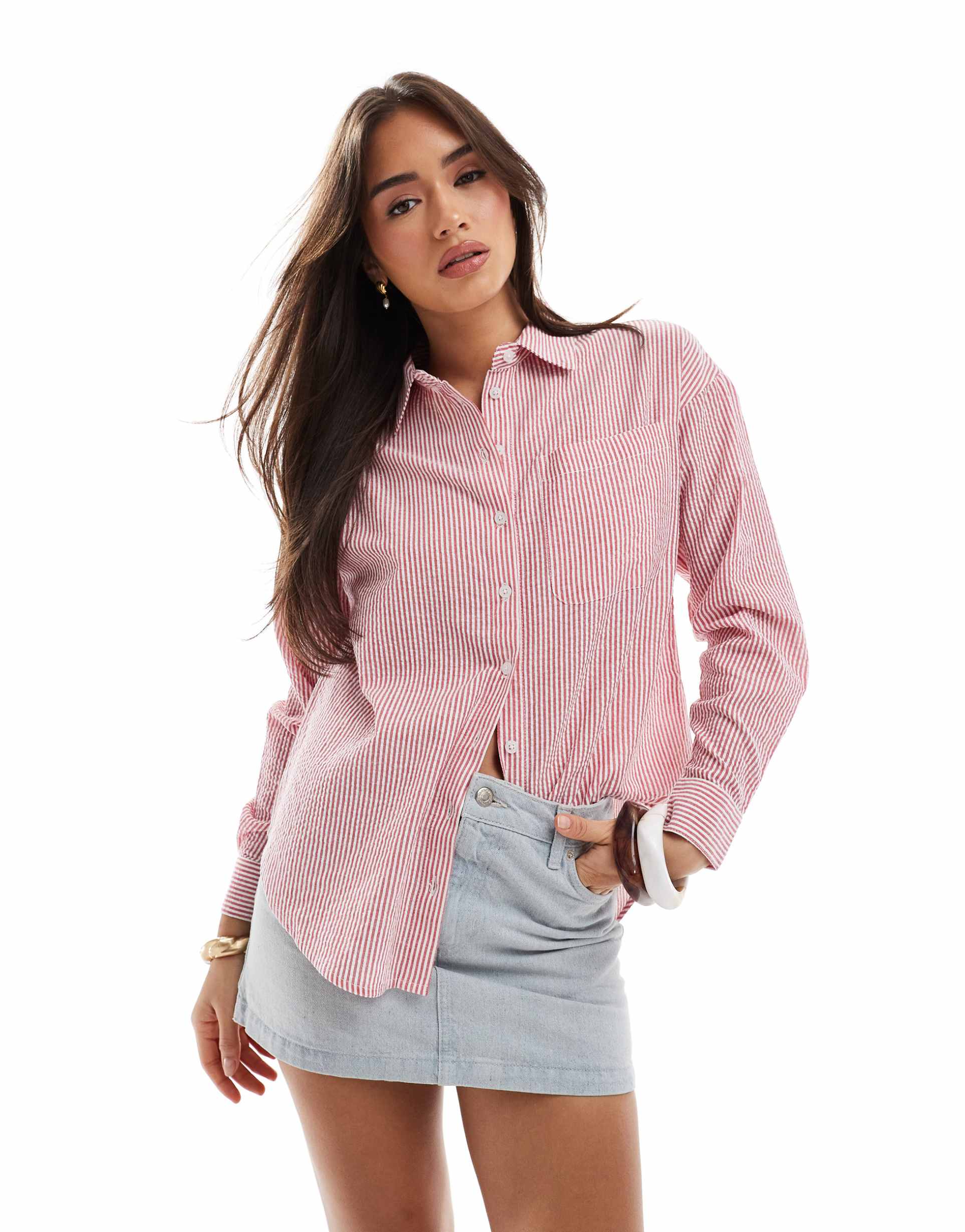 brave soul cotton mix shirt in red stripe