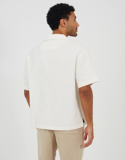 Brave Soul Cotton open collar shirt with tie detail in cream, 2 of 4