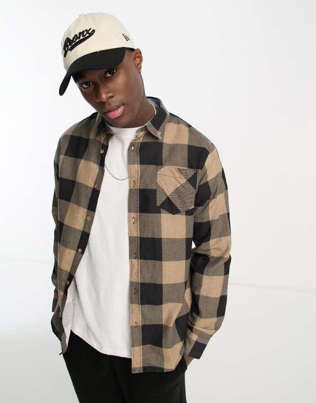 Brave Soul cotton plaid shirt in black & stone