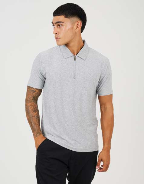 Brave Soul Cotton polo top with quarter zip in light grey - view 1
