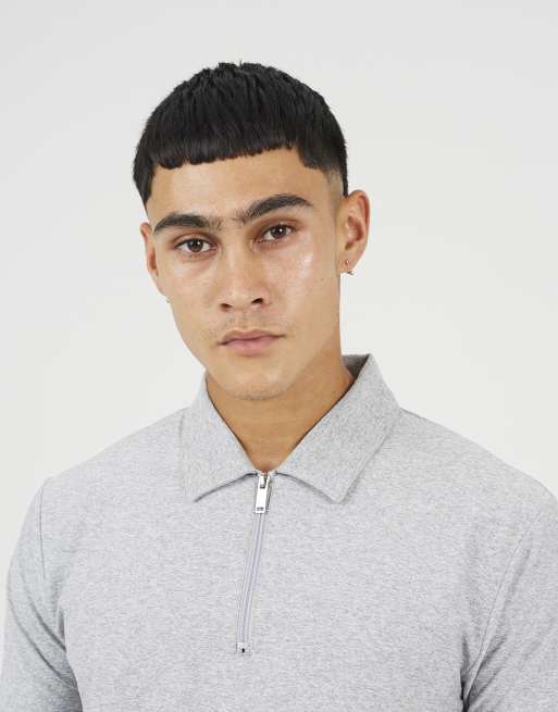 Brave Soul Cotton polo top with quarter zip in light grey, 4 of 4