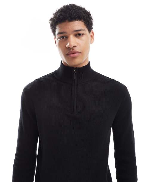 Brave Soul Cotton quarter zip funnel neck knitted jumper in black - view 1