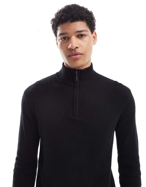Brave Soul Cotton quarter zip funnel neck knitted jumper in black