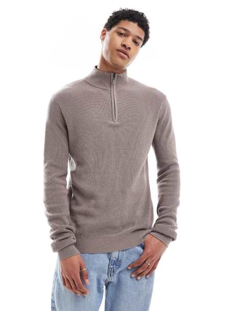 Brave Soul Cotton quarter zip funnel neck knitted jumper in grey - view 1