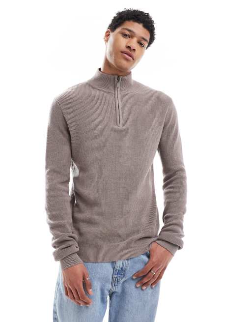 Brave Soul Cotton quarter zip funnel neck knitted jumper in grey