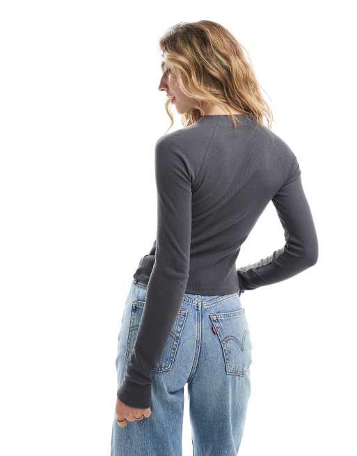 Brave Soul cotton ribbed long sleeve top in grey