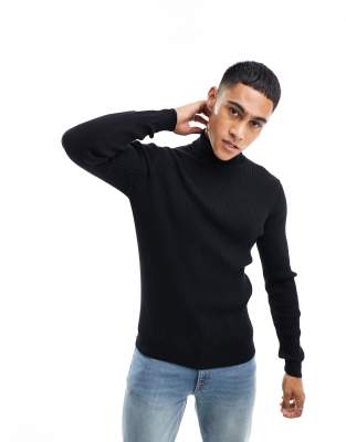 Brave Soul Brave Soul cotton ribbed roll neck jumper in black