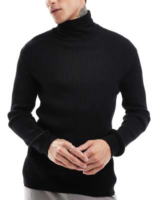 Brave Soul Brave Soul cotton ribbed roll neck jumper in black