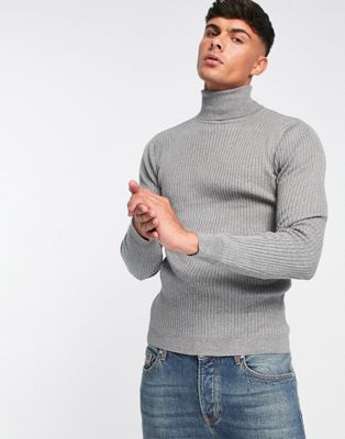Brave Soul cotton ribbed roll neck jumper in silver grey