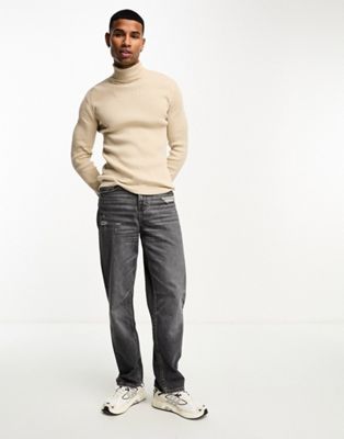 Brave Soul cotton ribbed roll neck jumper in stone-Neutral