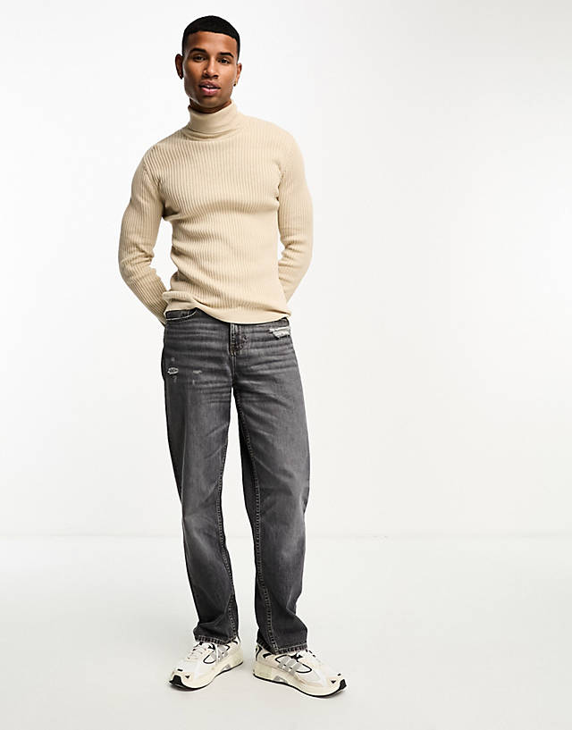 Brave Soul - cotton ribbed roll neck jumper in stone