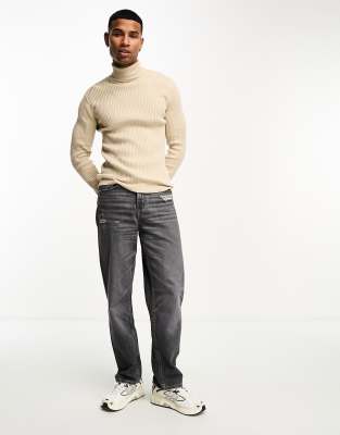 Brave Soul cotton ribbed roll neck jumper in stone | ASOS