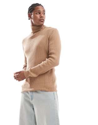 Brave Soul Brave Soul cotton ribbed roll neck jumper in tan-Brown