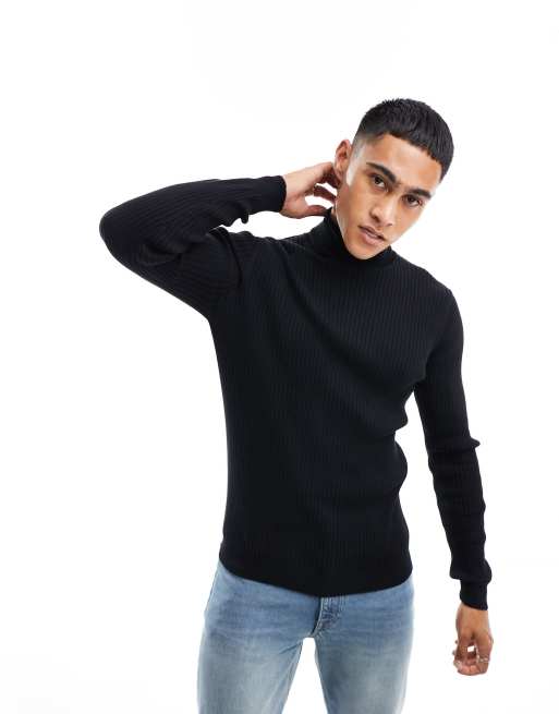 Brave Soul cotton ribbed roll neck sweater in black