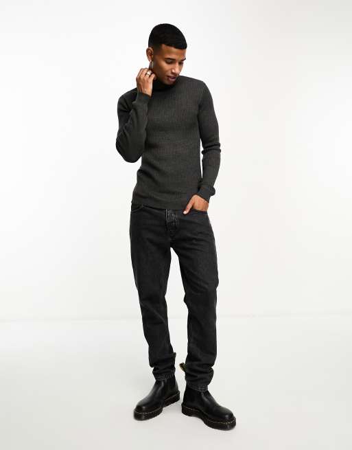 Brave Soul cotton ribbed roll neck sweater in charcoal
