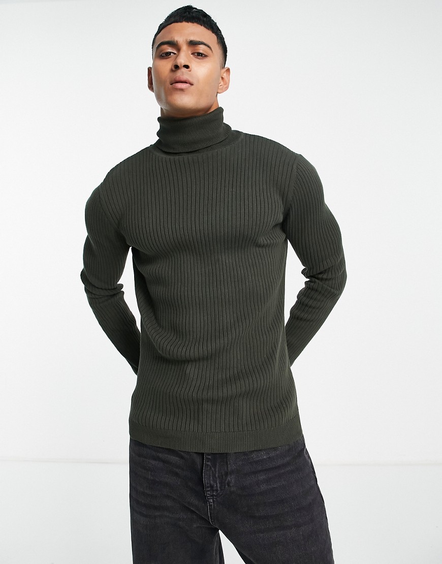 Brave Soul cotton ribbed roll neck sweater in khaki-Green