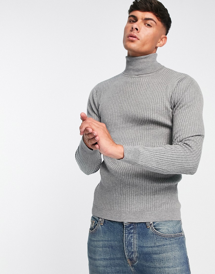 Brave Soul cotton ribbed roll neck sweater in silver gray