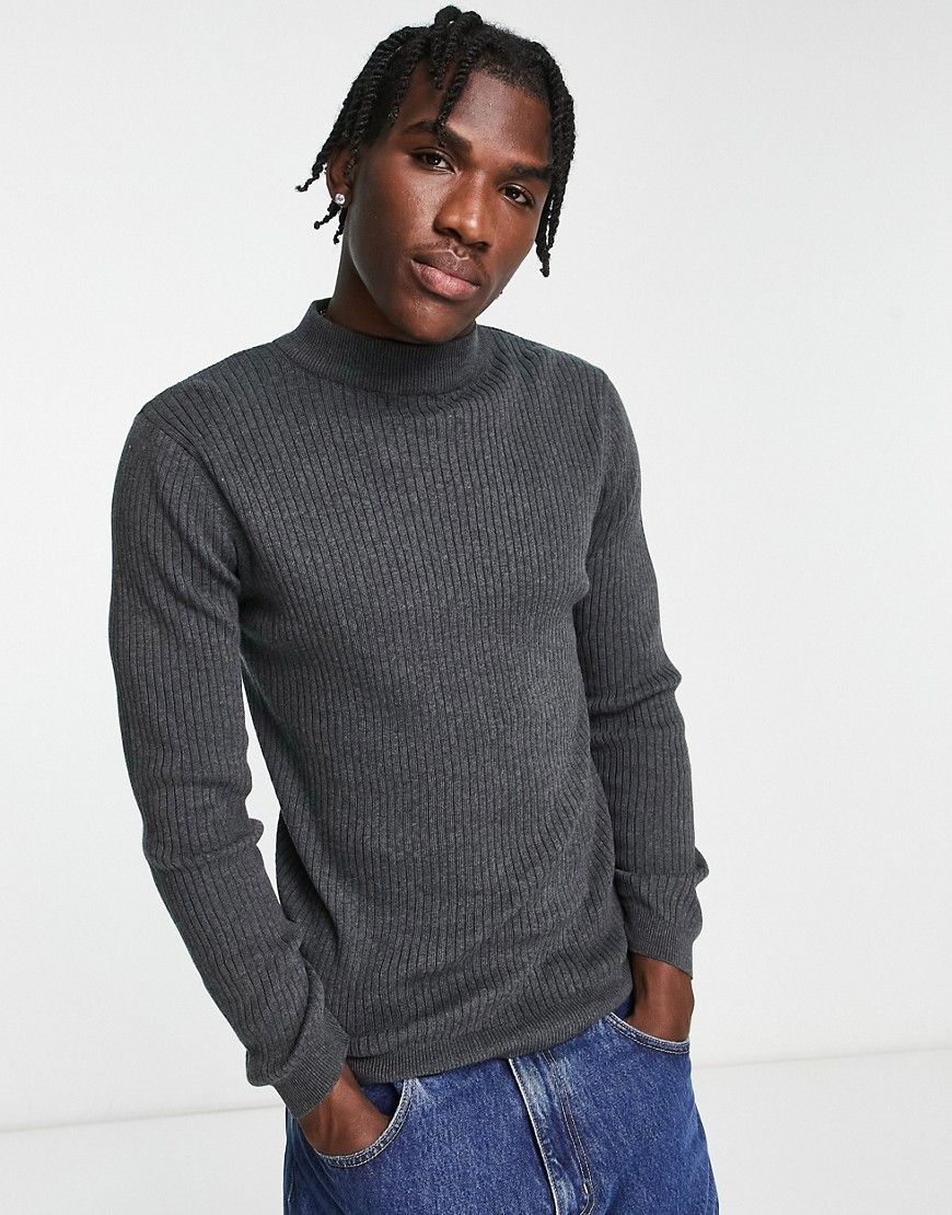 Brave Soul cotton ribbed turtle neck jumper in charcoal-Grey